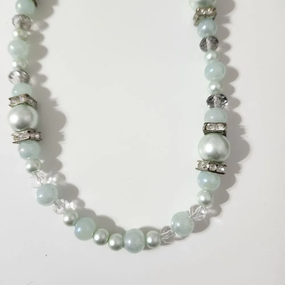Mint Green Transparent Rhinestone Silver Tone Round Square Beaded Necklace